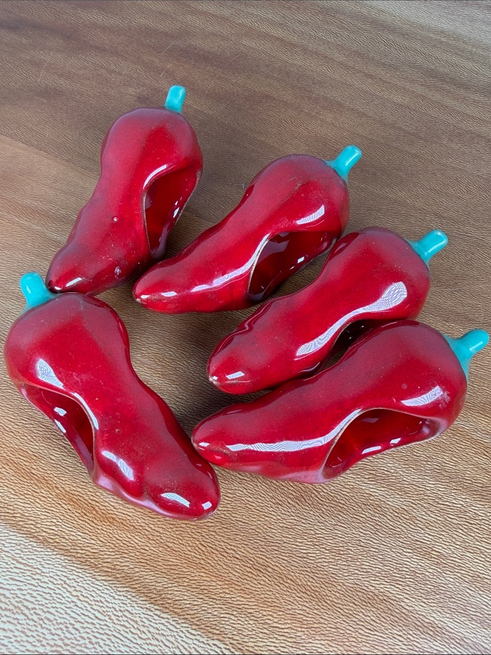 Glazed Ceramic Red Chili Pepper Napkin Rings Set of 5